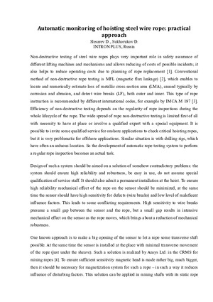Automatic monitoring of hoisting steel wire rope: practical approach.— &lt;br&gt;D. Sukhorukov, D. Slesarev. OFFSHORE CRANES &amp; LIFTING CONFERENCE, 2014.
